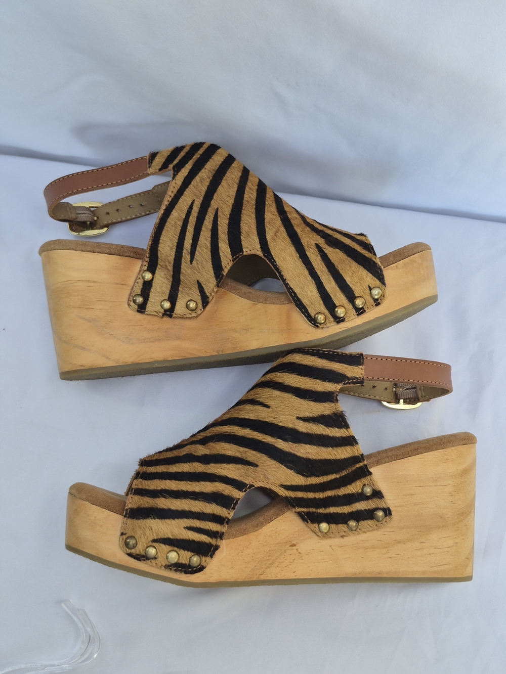 DIBA Zebra Print Leather Cow Fur Women's Wedge Heel Sandals Size 7.5